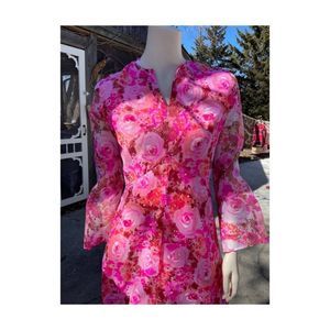 Vintage | 70s Floral Hostess Dress Pink Brown Maxi Empire Waist Sheer Sleeves